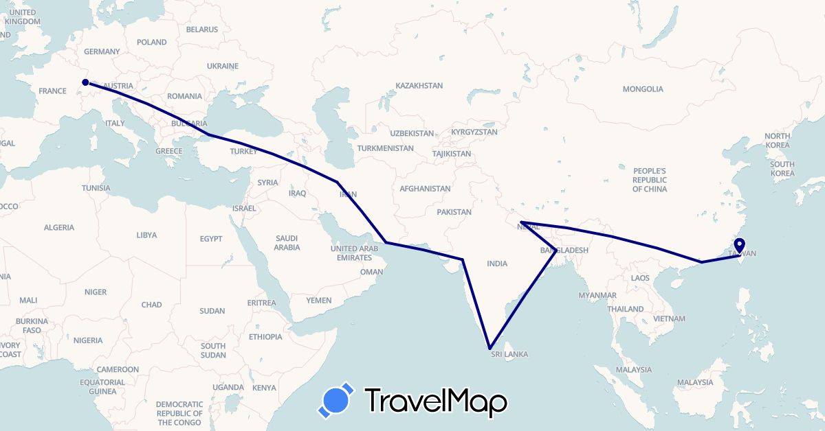 TravelMap itinerary: driving in Bangladesh, China, France, India, Iran, Nepal, Turkey (Asia, Europe)