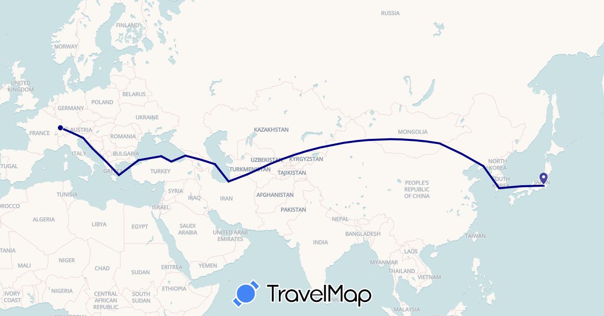 TravelMap itinerary: driving in Azerbaijan, Switzerland, China, Georgia, Greece, Croatia, Iran, Italy, Japan, South Korea, Mongolia, Turkmenistan, Turkey (Asia, Europe)